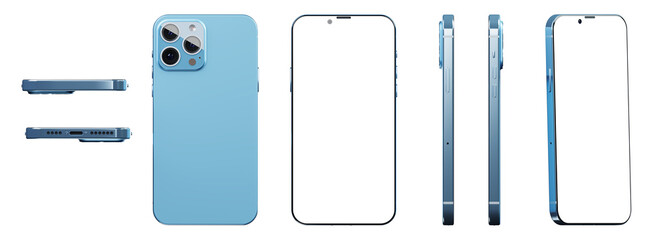Smartphone mockup in different angles, transparent background, PNG file. Modern smartphone with three cameras, front, back and side view. 3D Render