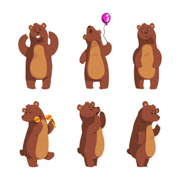 Funny Brown Bear Character Playing Maraca and Holding Toy Balloon Vector Set