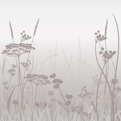 decorative wallpaper of misty autumn field with grass and wild flowers on gray background
