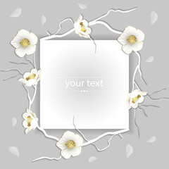 greeting card with cherry blossom branches on gray background