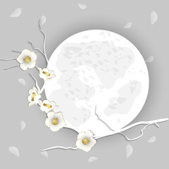 beautiful card with a blossoming branch of cherry on the background of the moon