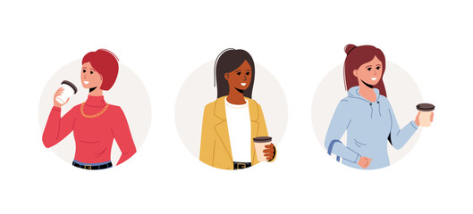 Set of women with coffee. Circle frame with young different women drinks coffee. Young females hold in hand coffee mugs. Flat trendy vector icons.