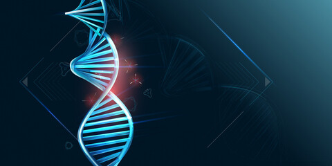 Double helix DNA and HUD elements on dark background.