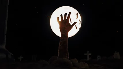 Foto op Plexiglas Hand of zombie come from under the ground at tomb land with full moon,pumpkin,bat and sky in the background.3D rendering on Halloween festival day conceptual. © FullFrames