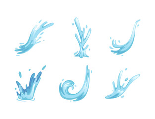 Blue Water Splashes with Drops and Moving Fluid or Liquid Vector Set