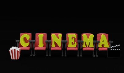 3d illustration, six letters on top of seats, forming the word cinema, popcorn, clapperboard, black background 3d rendering.
