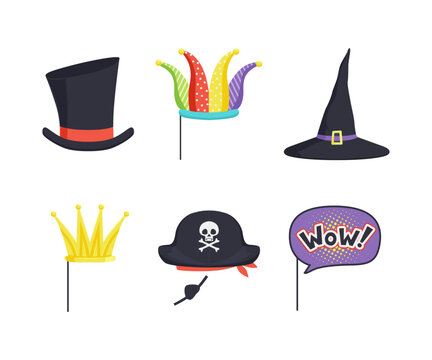 Masquerade Party Costume Accessory with Crown, Hat and Wow on Pole Vector Set