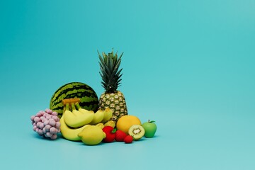 the concept of proper nutrition. many different fruits on a turquoise background. copy paste, copy space. 3D render