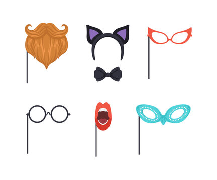 Masquerade Party Costume Accessory with Mustache, Hairband and Glasses on Pole Vector Set