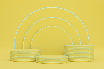 an abstract background. a podium for placing products and an arch of yellow color on a yellow background. 3D render