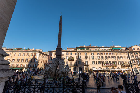 The Obelisque Agonale over the Funtain of the Rivers in the Navona Square in the Centre of Rome