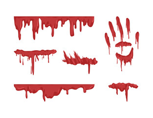 Blood Drip and Red Bloody Splatter Spots and Bleeding Traces Vector Set