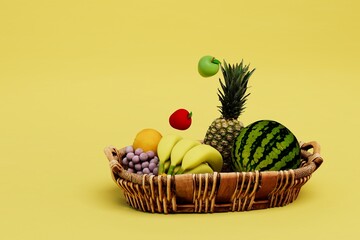 the concept of a fruit diet. lots of different fruits in a wicker basket on a yellow background. 3D render