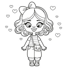 Cute cartoon girl with a cat bag outlined for coloring page on white background