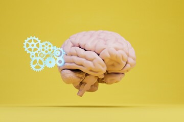 the concept of the brain. next to which gears are illuminated by neon on a yellow background. 3D render