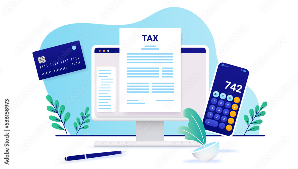 Poster paying and calculating taxes - desktop computer screen with tax document, calculator and credit card