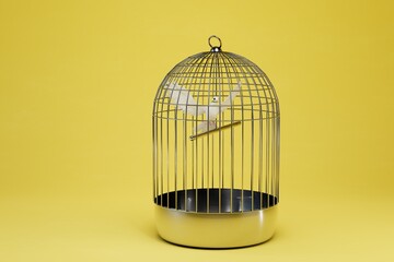 a peace dove with an olive twig in its beak sits in a closed cage on a yellow background. 3D render