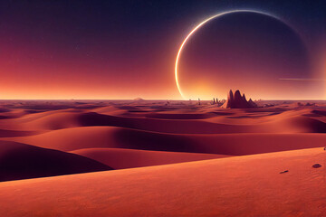 Fototapeta na wymiar Future alien mars extraterrestrial sand planet, moons in the red sky, sand dunes