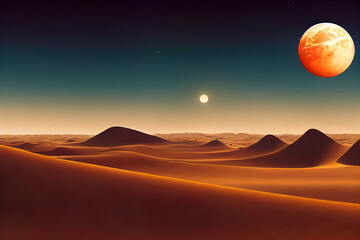 Future alien mars extraterrestrial sand planet, moons in the red sky, sand dunes