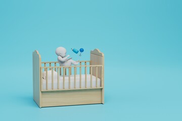 a baby in a crib with a rattle and a bottle of milk on a blue background. copy paste, copy space. 3D render