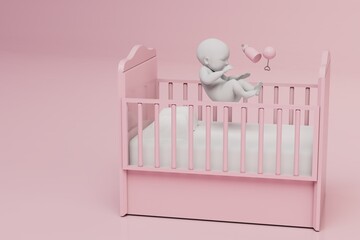 a baby in a crib with a rattle and a bottle of milk on a pink background. copy paste, copy space. 3D render
