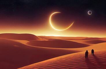 Future alien mars extraterrestrial sand planet, moons in the red sky, sand dunes