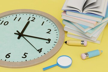 time to learn. round wall clock next to books, pencils and a magnifying glass. 3D render