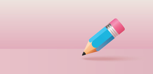cartoon style blue pencil icon or symbol. minimal design. writing, blog, education concept. 3d rendering