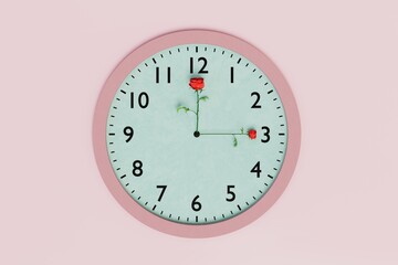 floral print on the watch. round wall clock on a pastel background with hands in the form of red roses. 3D render