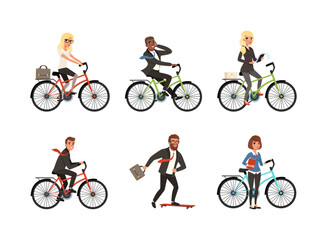 Naklejka premium Business People Characters Riding Transport Like Bicycle and Skateboard Vector Set
