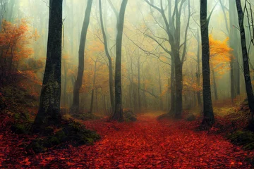 Fototapeten misty foggy autumn forest, wam colors, beautiful nature background wallpaper © Gbor