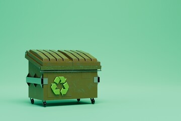 the concept of garbage sorting. a green container with a recycling icon on a green background. 3D render