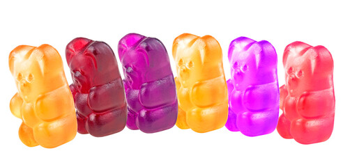 Funny colored gummy bears isolated on a white background. Jelly candies of rainbow colors.
