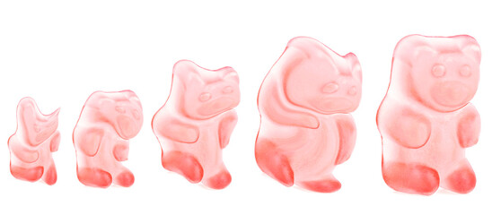 Gummy bear transformation - pink jelly bears isolated on a white background.