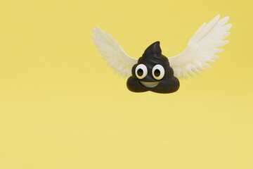 smiling poop flying on wings on a yellow background. copy paste, copy space. 3D render