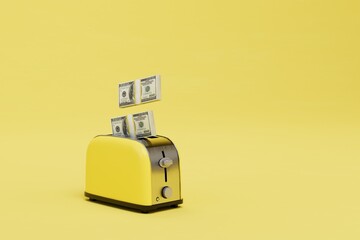 the concept of earning money. a toaster from which bundles of dollars fly out on a yellow background. 3D render