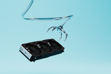 a Japanese tap for slot machines and a video card for mining cryptocurrency on a blue background. 3D render