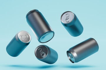 aluminium cans for drinks flying on a blue background. 3D render