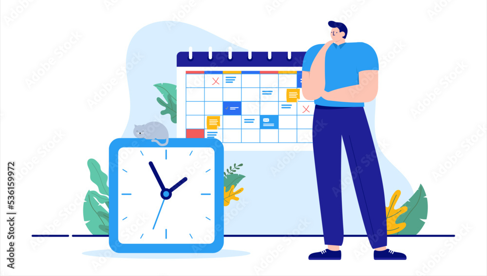 Poster managing time - man standing with clock and calendar trying to get oversight of week and month plan.