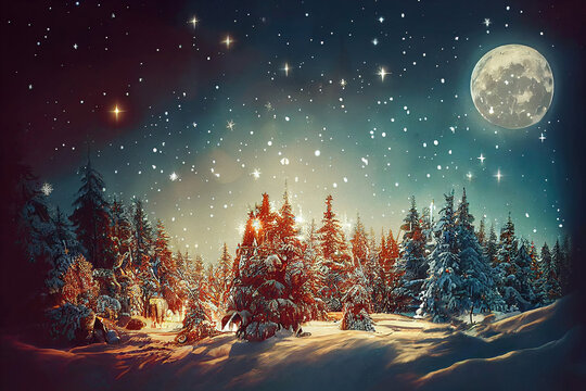 Magical trees with snow in winter forest at christmas night