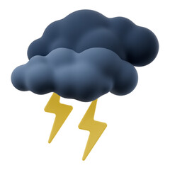 3D cartoon weather rain clouds with thunderstorm. Dark cloud sign with lightning isolated on transparent background. 3d render illustration.