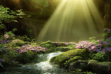 Obraz na płótnie Canvas beautiful forest scene, waterfall in the woods, sun beams shine through the leaves, lush green foliage, cg illustration
