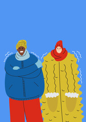 Frozen couple in winter. Man and woman character in the cold in warm clothes.  People are shivering. Cartoon flat vector illustration