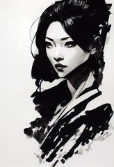 Portrait of an asian woman painted by ink, ai generated, is not based on any specific real image or character