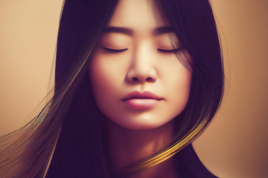 Photorealistic Illustration of beautiful asian woman. Ai generated illustration, is not based on any specific real image, character or person.