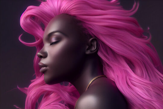 Ultra-realistic african woman with beautiful flowing pink hairs, side view, smooth lighting. Ai generated portrait, is not based on any real person character or image.