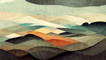 Colorful abstract mixed media grunge landscape background. Modern nature design. 3D illustration.