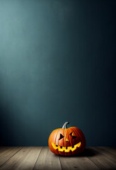 Halloween pumpkins lying on wooden floor, blue wall in background, scary smile on pumpkin
