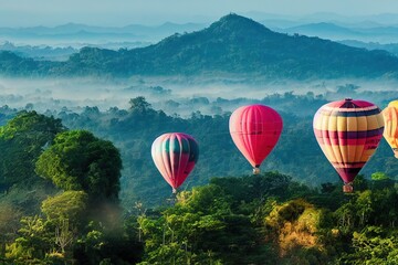 Colorful hot air balloon flying over mountain