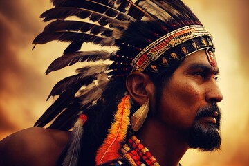 Obraz premium Photorealistic portrait of the male Indigenous of Americas. AI generated image, is not based on any real image or characters